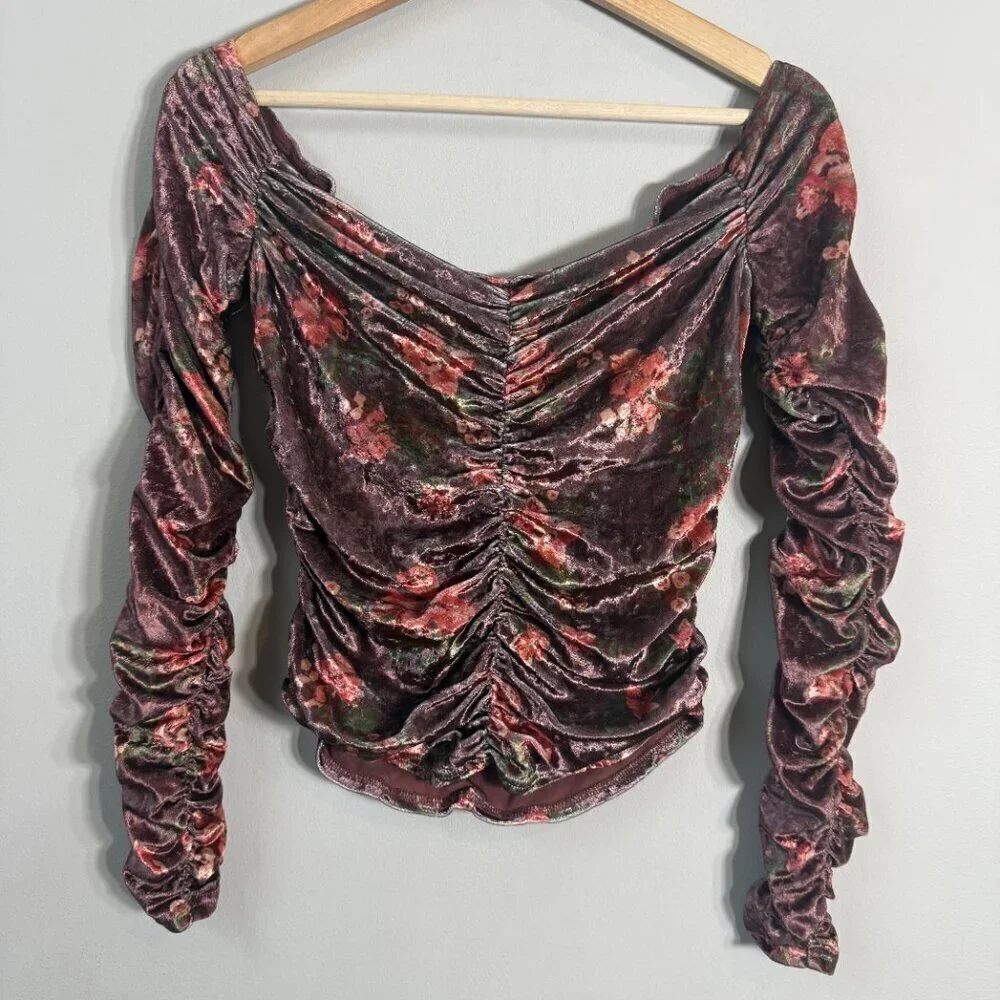Free People Reina Floral Velvet Off the Shoulder Top Women's Small Brown Ruched